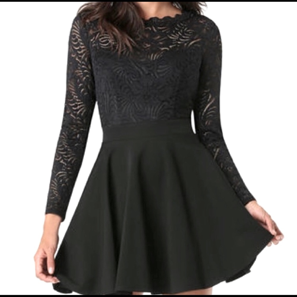Bebe Dresses - Black Lace Long Sleeve Flare Dress